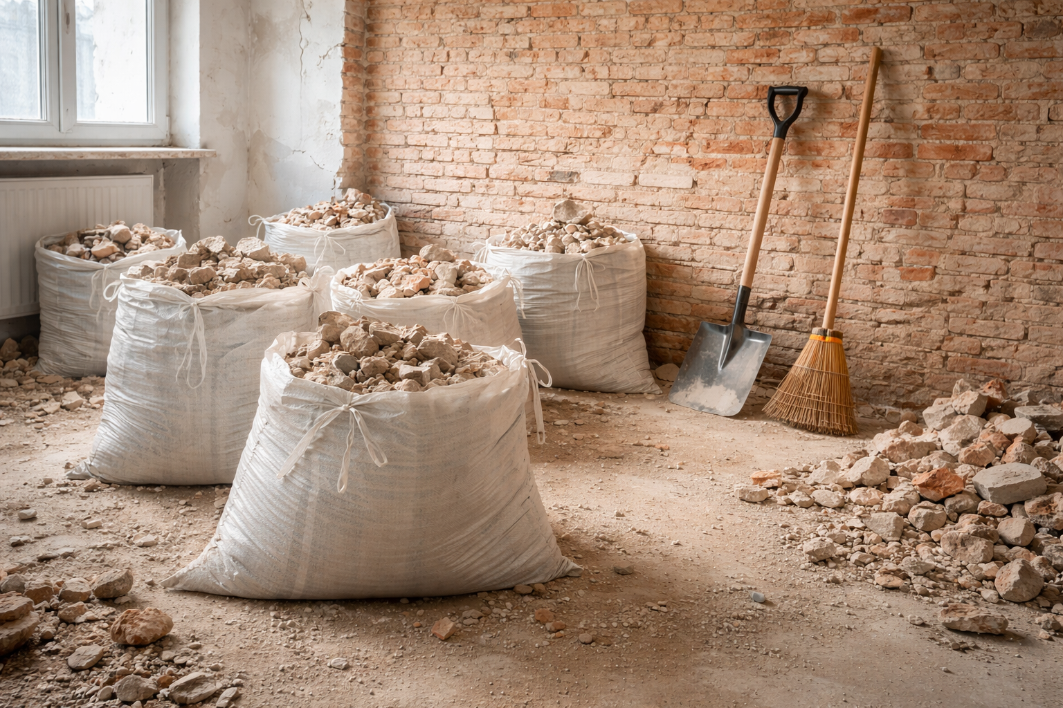Mehrere große, weiße Säcke gefüllt mit Bauschutt und Steinen in einem Rohbau mit Backsteinwand, daneben lehnen eine Schaufel und ein Besen.