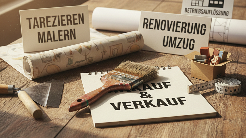 Collage aus Arbeitsutensilien wie Malerbürste, Tapetenrolle und Hinweisschildern für Betriebsauflösung, Umzug und Renovierung auf einem Holztisch.