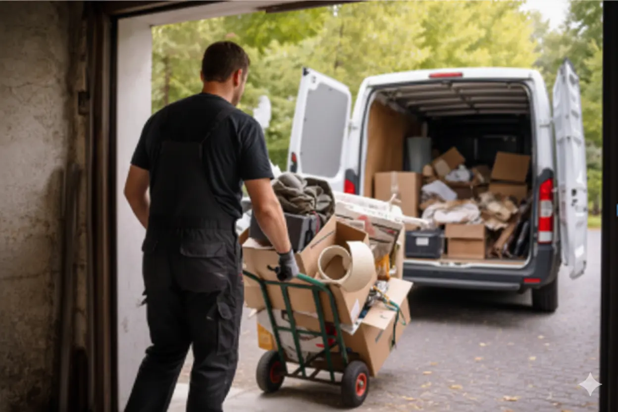 Ein Mitarbeiter transportiert mit einer Sackkarre alten Hausrat und Kartons aus einem Keller zu einem grauen Transporter zur fachgerechten Entsorgung.