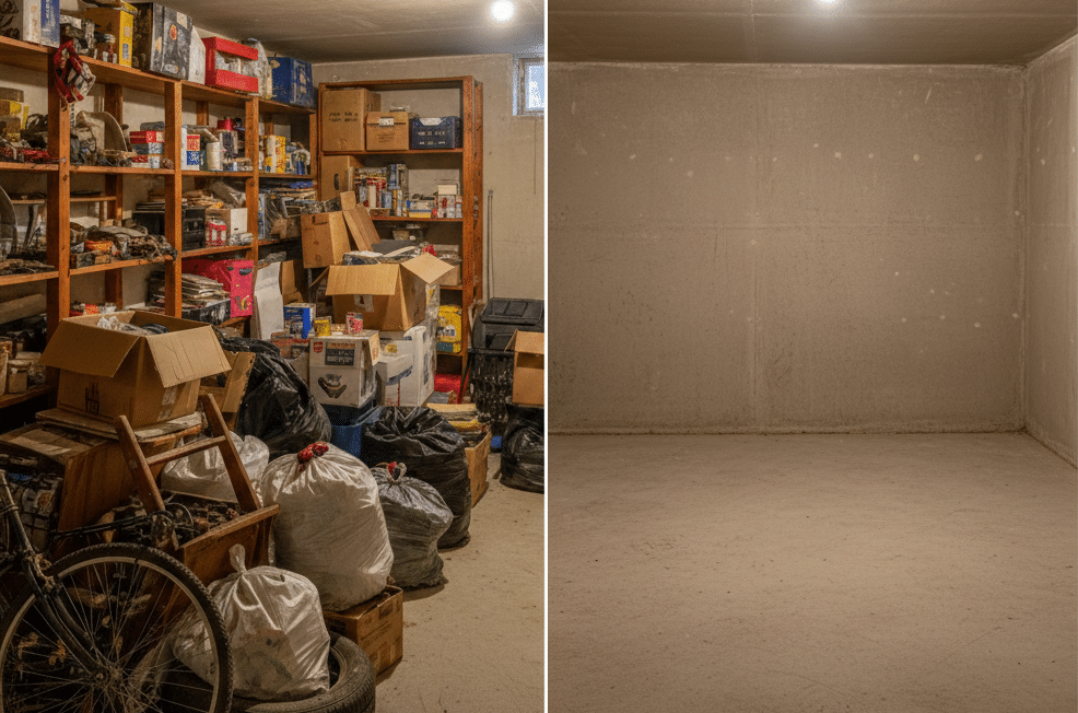 Professionelle Entrümpelung eines vollgestellten Kellers: Mitarbeiter sortieren Sperrmüll und alten Hausrat für die fachgerechte Entsorgung.