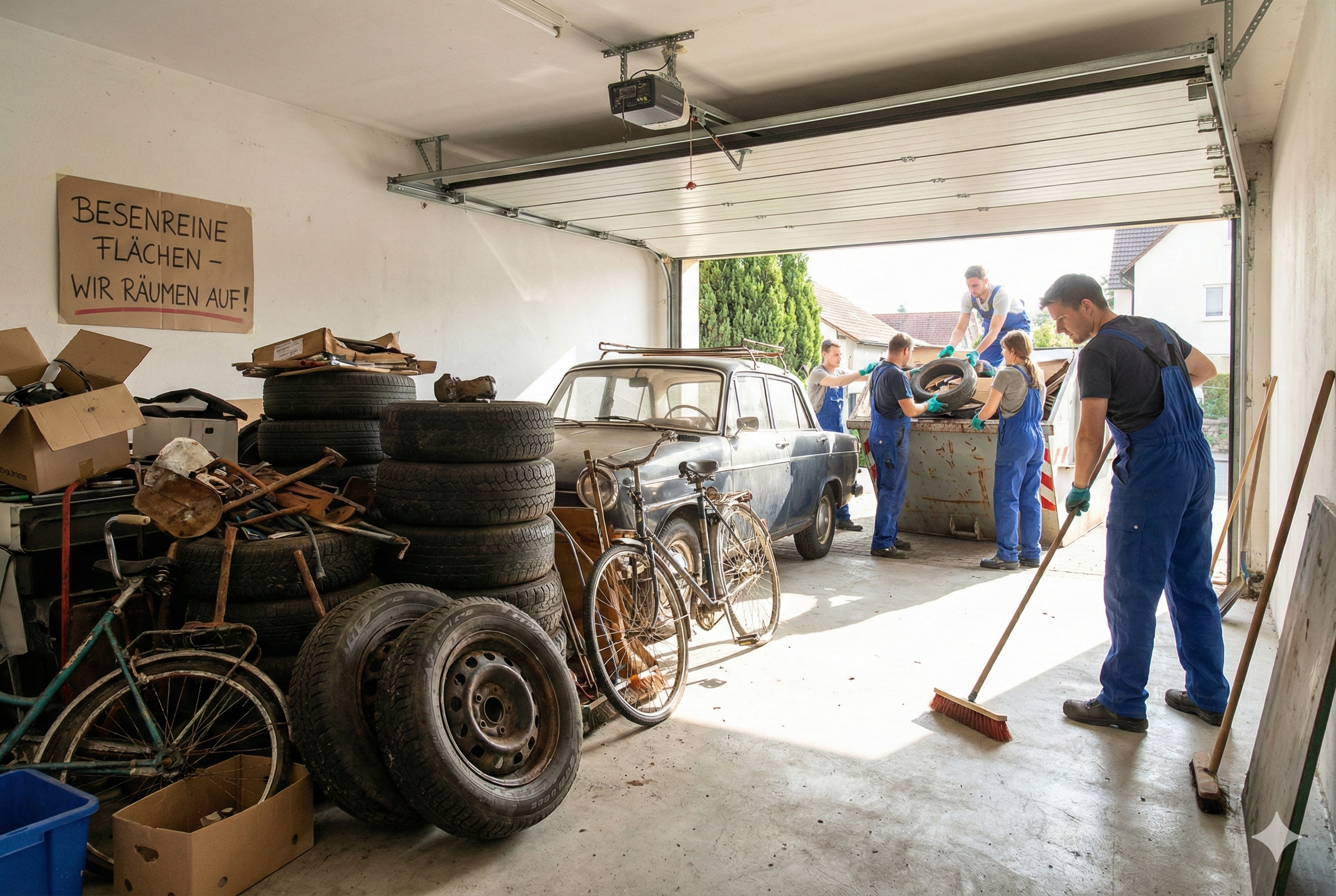 Volle Garage mit Altreifen vor der Entrümpelung Besenreine Garage nach professioneller Entrümpelung und fachgerechter Altreifenentsorgung.