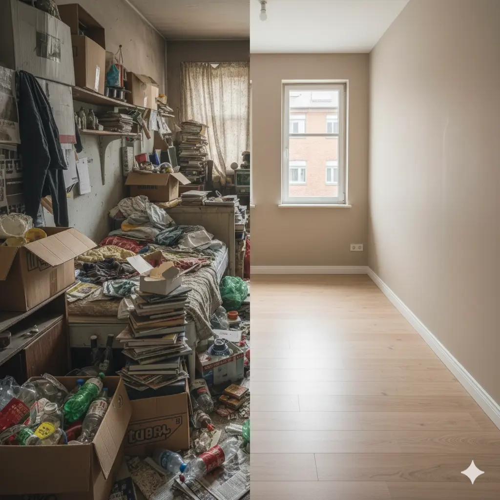 Split-Screen-Vergleich einer Messie-Wohnung: Links extremes Chaos und Müll, rechts derselbe Raum komplett leer, saniert mit hellem Laminat und frisch gestrichenen Wänden.