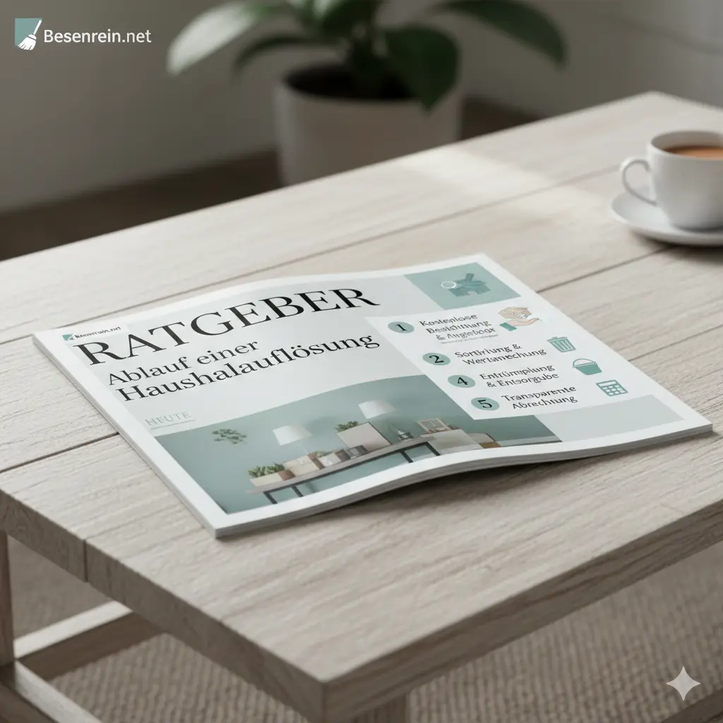 Aufgeschlagene Broschüre auf einem gemütlichen Sessel mit dem Titel „Der einfache Weg aus der Messie-Wohnung“ – ein Ratgeber von Besenrein.net zur diskreten Entrümpelung.