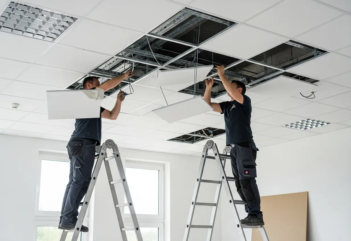 Messie-Hilfe vor Ort: Diskret, schnell und ohne Vorurteile Zwei Handwerker in Arbeitskleidung stehen auf Leitern und demontieren vorsichtig weiße Deckenplatten einer Systemdecke in einem hellen Büroraum; unten rechts im Bild ist das Logo besenrein.net zu sehen.