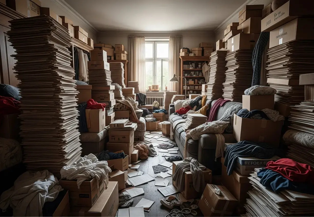 Komplette Wohnungsauflösung in Hainichen – inkl. Demontage & Wertanrechnung Ein extrem überfüllter Wohnraum mit deckenhohen Stapeln aus Papier, Kartons und Kleidung, die den Boden und die Möbel fast vollständig bedecken; im Hintergrund ist ein helles Fenster erkennbar.