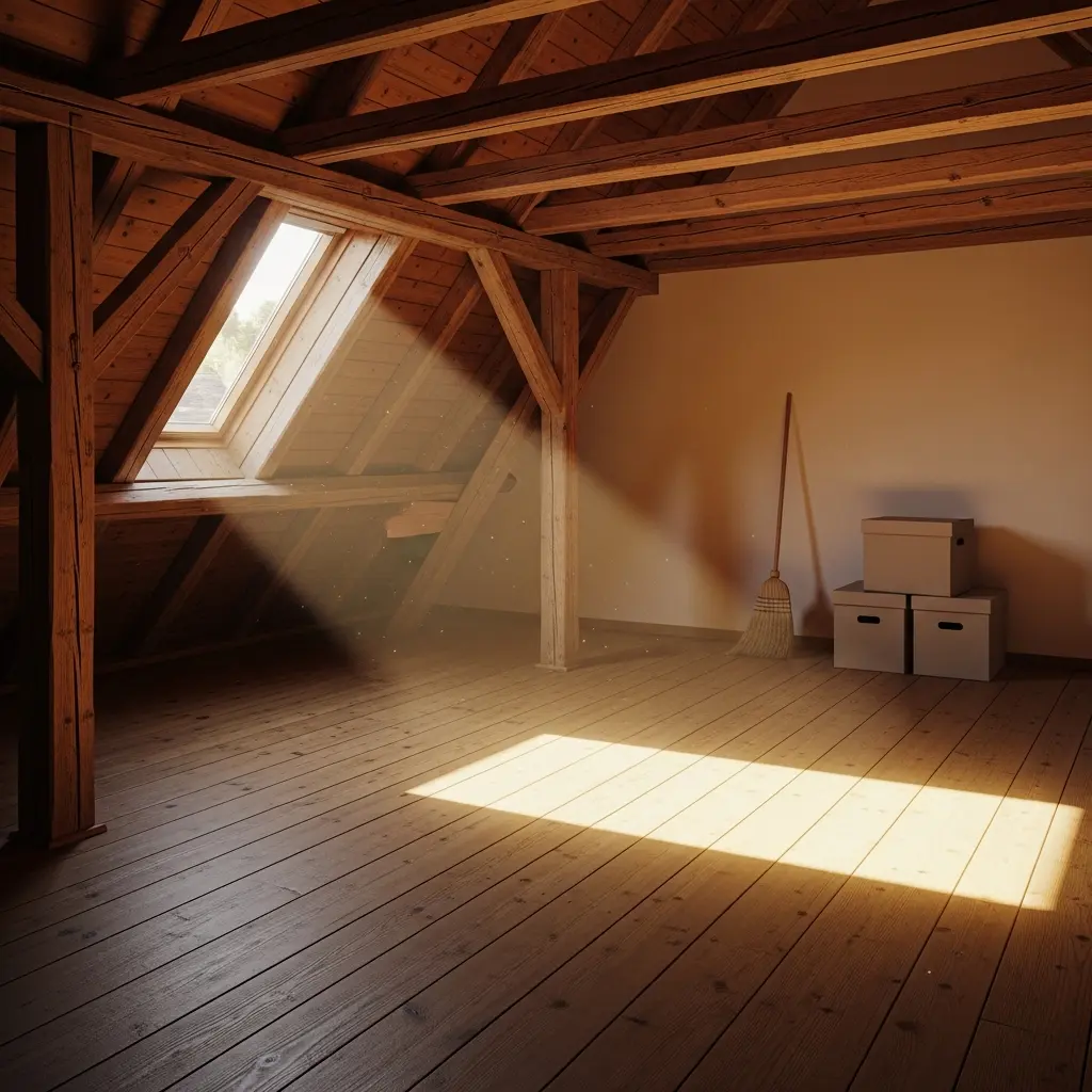 Wir räumen Ihren Keller & Dachboden leer – schnell und sauber Ein leerer, heller Dachboden mit rustikalen Holzbalken und Dielenboden, in den Sonnenlicht durch ein Dachfenster fällt; im Hintergrund stehen ein Besen und drei Kartons.