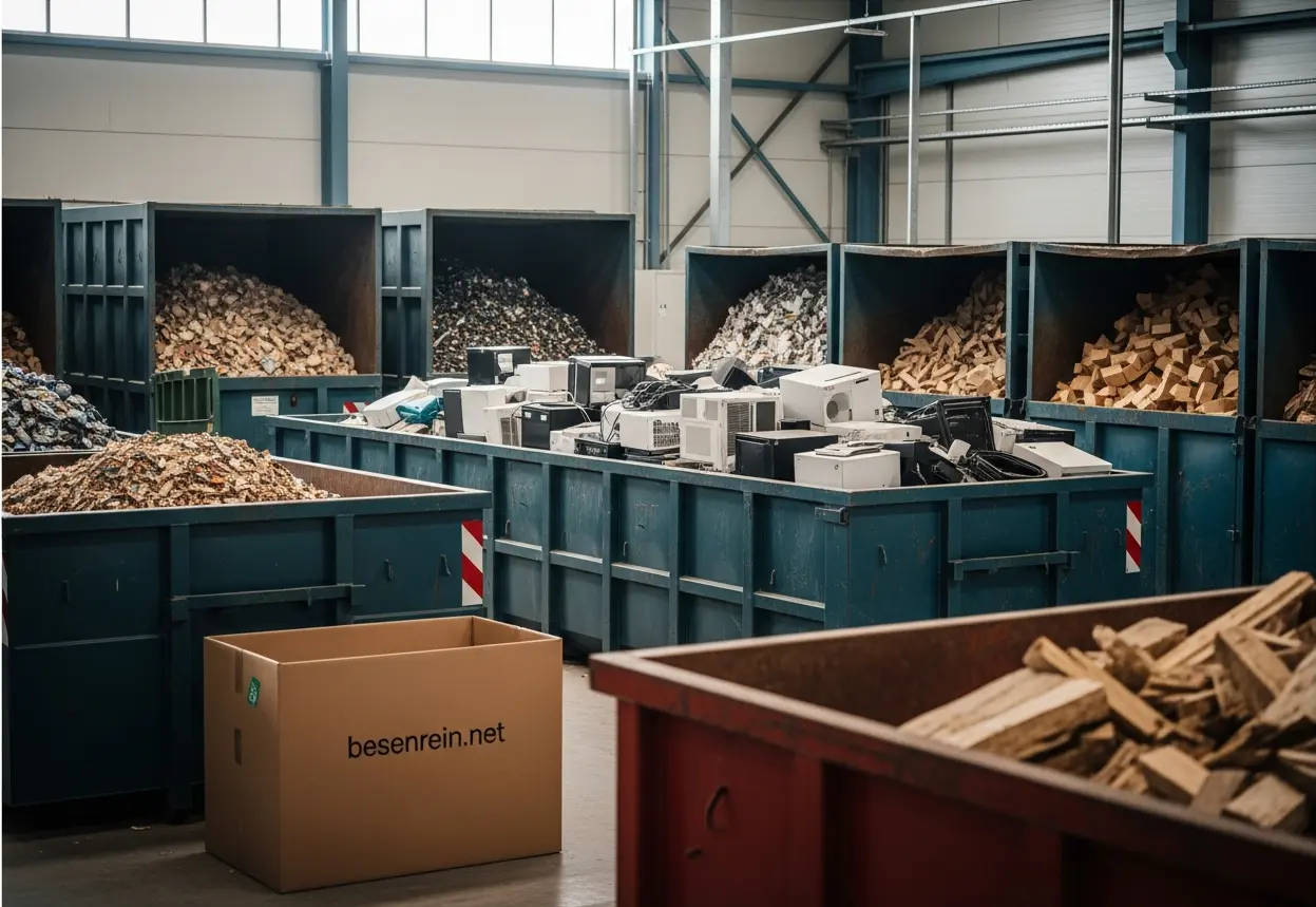 Komplette Wohnungsauflösung in Hainichen – inkl. Demontage & Wertanrechnung Eine große Lagerhalle mit verschiedenen Abfallcontainern, die systematisch mit Holz, Schrott und Elektroaltgeräten gefüllt sind; im Vordergrund steht ein Umzugskarton mit dem Logo „besenrein.net“.