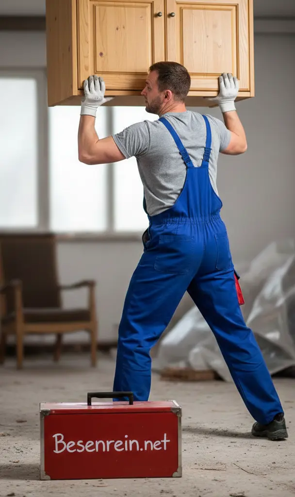 Ein Mitarbeiter in blauer Arbeitskleidung trägt einen Holzschrank bei einer Haushaltsauflösung; im Vordergrund steht eine rote Werkzeugkiste mit der Aufschrift Besenrein.net.