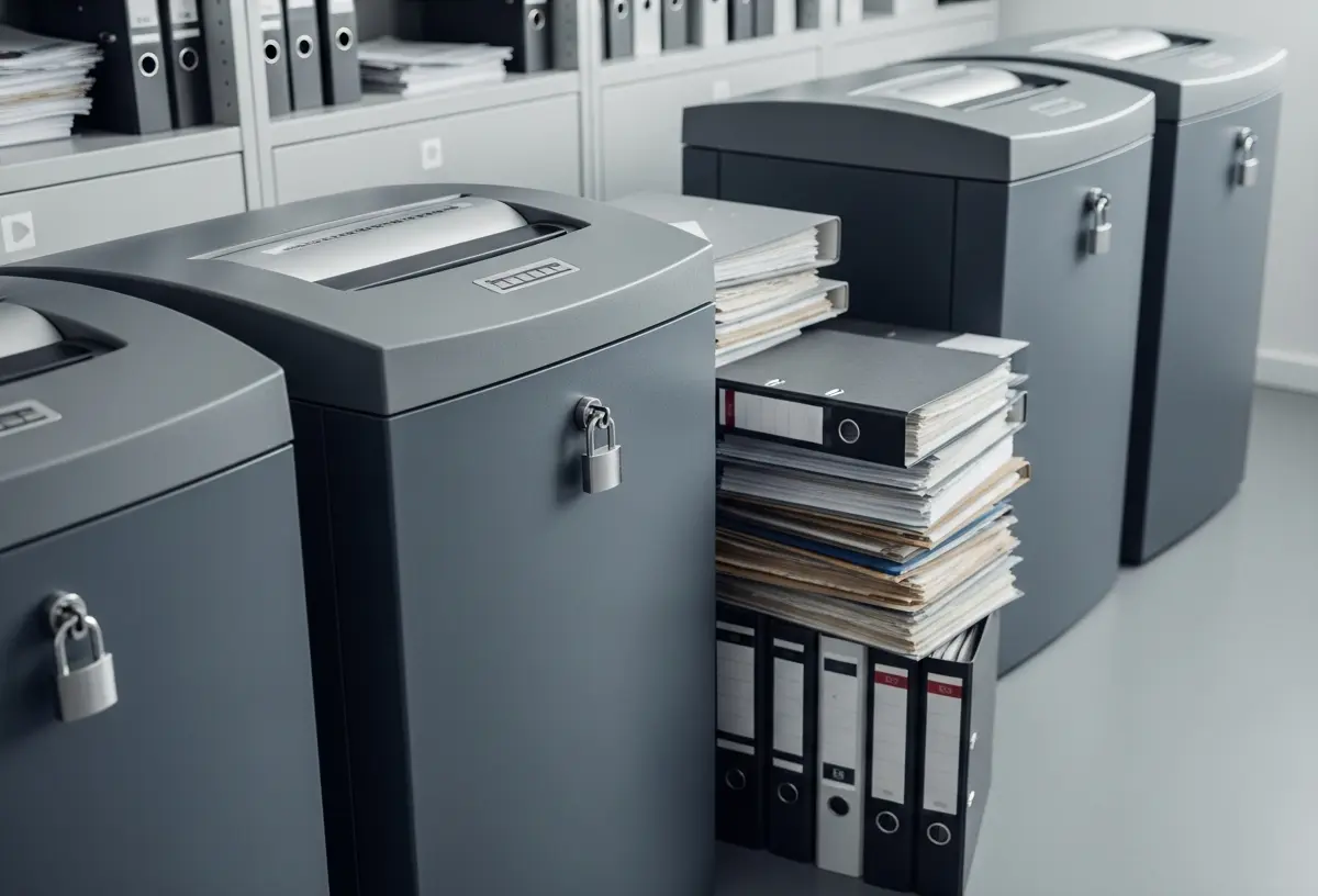 Messie-Hilfe vor Ort: Diskret, schnell und ohne Vorurteile Eine professionelle Entsorgungshalle mit großen Metallcontainern zur systematischen Trennung von Wertstoffen und Dokumenten; im Vordergrund steht ein sauberer Karton mit der Aufschrift „besenrein.net“.