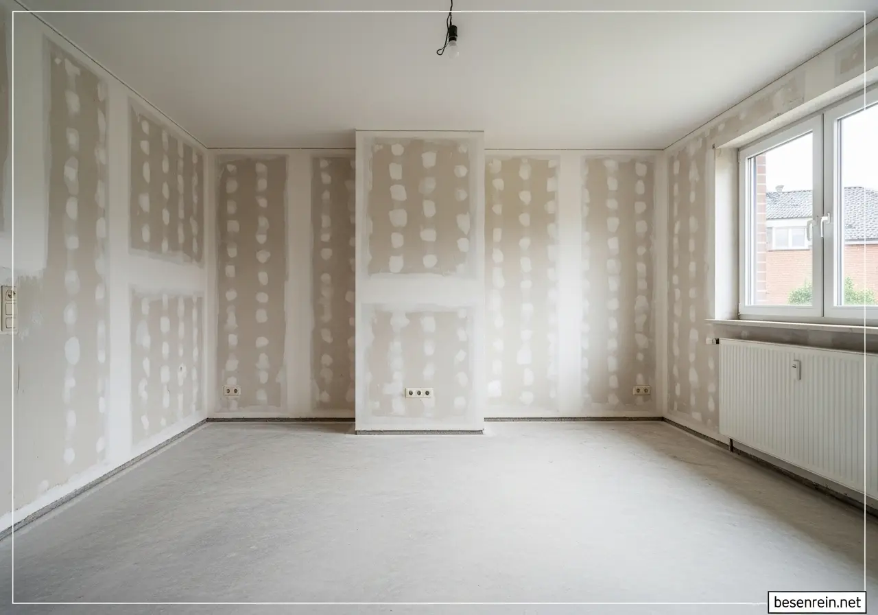 Wir räumen Ihren Keller & Dachboden leer – schnell und sauber Ein komplett leerer, heller Raum mit sauber entferntem Altbelag und gepflegtem Laminatboden; an der Wand stehen zwei Kartons von besenrein.net bereit für die nächsten Schritte.