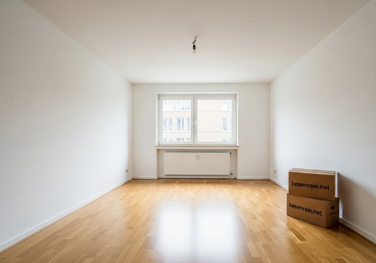 Komplette Wohnungsauflösung in Hainichen – inkl. Demontage & Wertanrechnung Ein heller, komplett leerer Raum mit Laminatboden und weiß gestrichenen Wänden; im Vordergrund stehen zwei ordentlich gestapelte Kartons mit der Aufschrift „besenrein.net“.